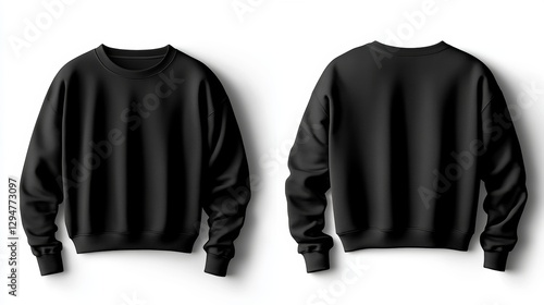 The front and rear of a sweatshirt, a set of black sweatshirts, black sweatshirt mockups, black sweatshirt templates, black sweatshirts in isolation, and sweatshirts that are easy to separate