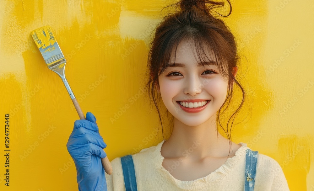 Smiling woman painting interior walls with a yellow paint roller and gloves Smiling woman painting interior walls with a yellow paint roller and gloves