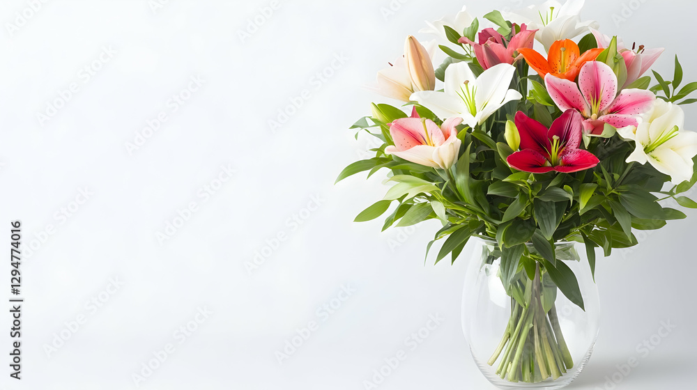 Obraz premium Colorful Lily Bouquet in Vase on Light Background