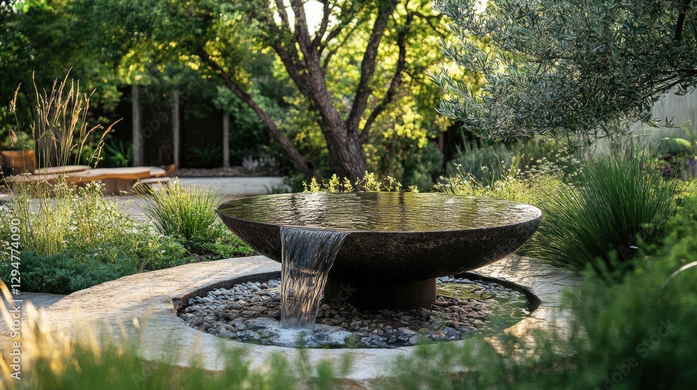 Fototapeta premium A tranquil garden scene featuring a large, dark stone fountain with water cascading into a circular pool, surrounded by lush greenery and a wooden bench.
