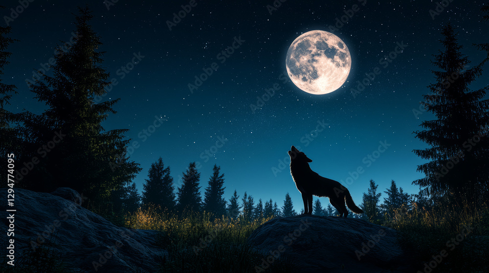 Silhouette of a lone wolf howling at a glowing full moon in the night sky with dark forest trees in the background, atmospheric wildlife scene for fantasy themes, Halloween designs, mysterious nature Silhouette of a lone wolf howling at a glowing full moon in the night sky with dark forest trees in the background, atmospheric wildlife scene for fantasy themes, Halloween designs, mysterious nature