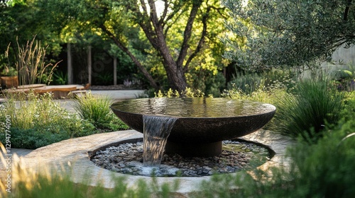 A tranquil garden scene featuring a large, dark stone fountain with water cascading into a circular pool, surrounded by lush greenery and a wooden bench.