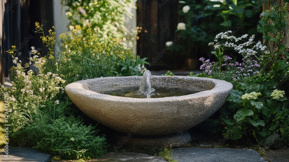 A stone fountain with water spouting in a garden. A stone fountain with water spouting in a garden.