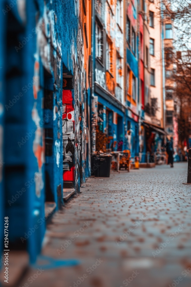 Naklejka premium Vibrant street art colors a narrow alleyway. A captivating urban scene.