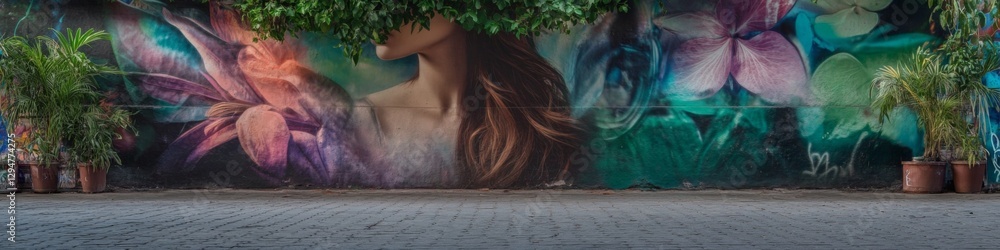 Fototapeta premium Vibrant mural of a woman's face, partially obscured by plants. Teal, purple, and pink tones.