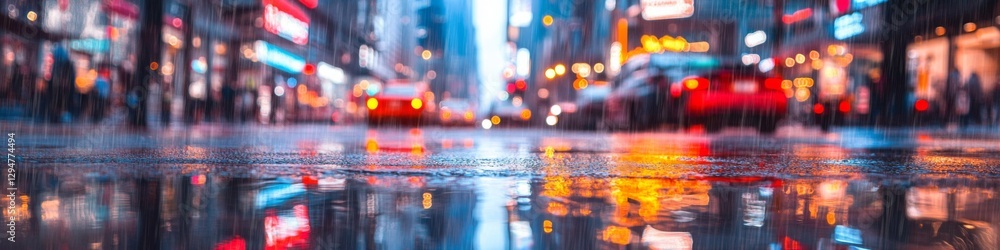Fototapeta premium Rainy city night, blurred lights reflect in puddles.