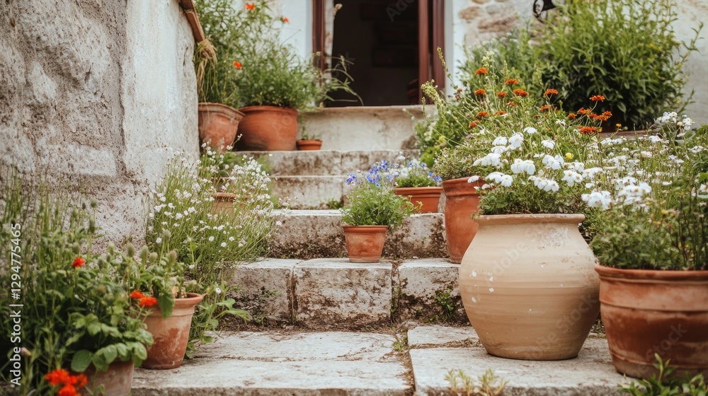 Naklejka premium A rustic stone staircase adorned with an array of terracotta pots and blooming flowers, leading to a quaint stone building.