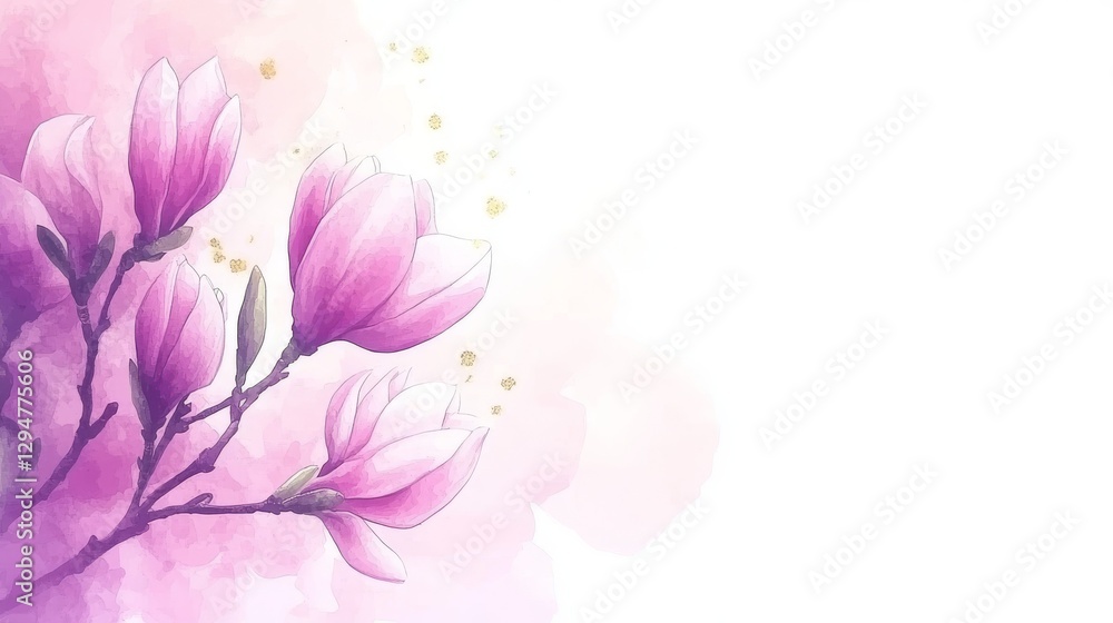 Naklejka premium A close-up view of pink magnolia flowers on golden branches, against a light marbled background