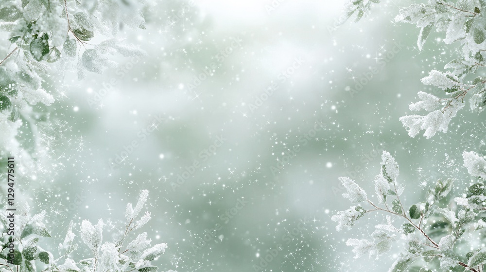 Frosty winter branch receiving gently falling christmas snowflakes, creating serene white landscape with soft seasonal Green background banner Frosty winter branch receiving gently falling christmas snowflakes, creating serene white landscape with soft seasonal Green background banner