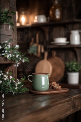 Wallpaper Mural Sage green creamer sits on wooden board with cookies, rustic kitchen background. Torontodigital.ca