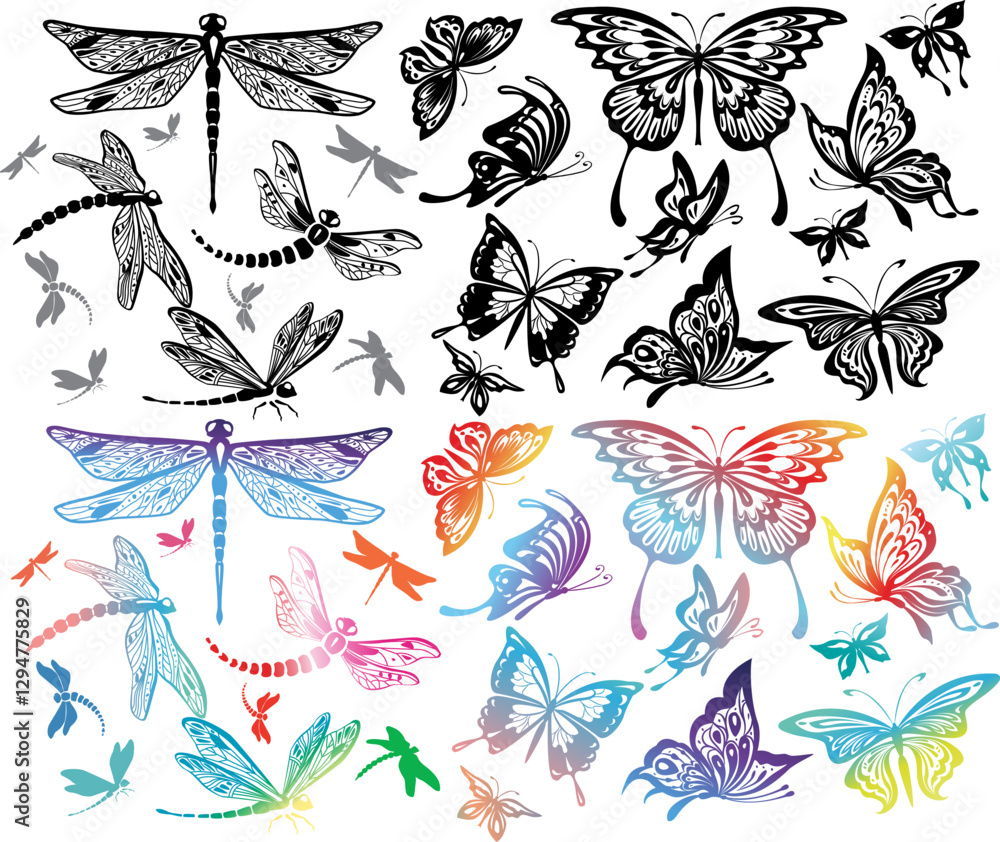 Fototapeta premium Colored and black and white decorative butterflies and dragonflies