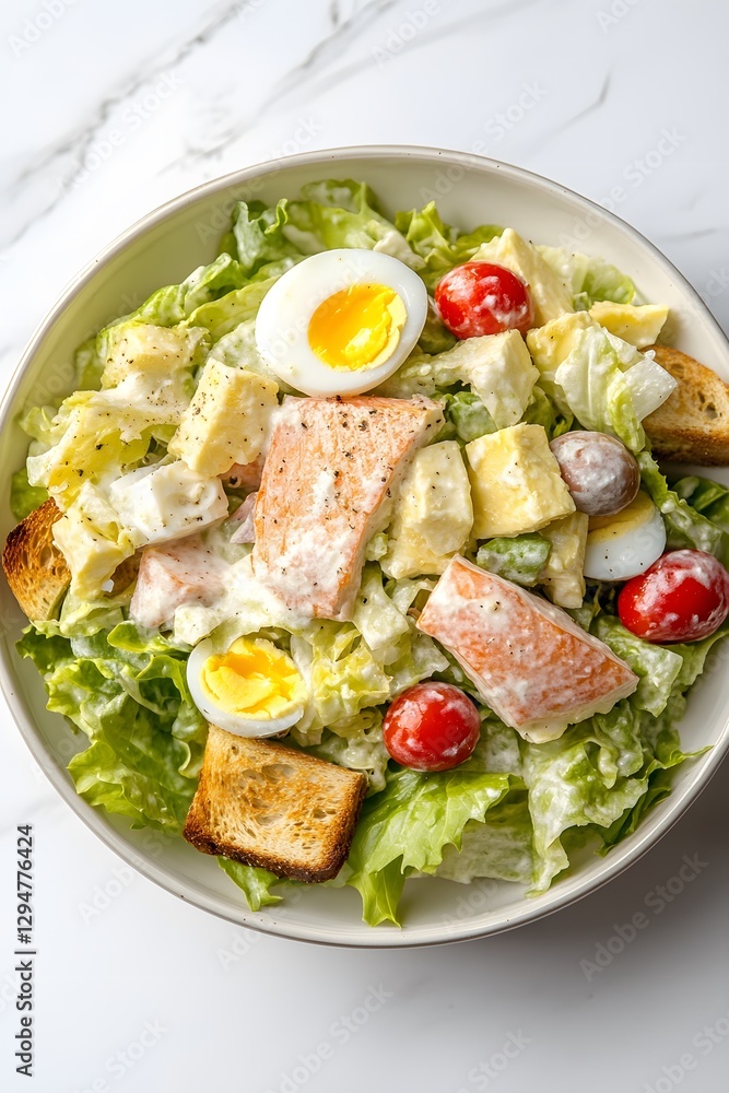 Delicious Salmon Caesar Salad Bowl with Boiled Eggs and Croutons Delicious Salmon Caesar Salad Bowl with Boiled Eggs and Croutons