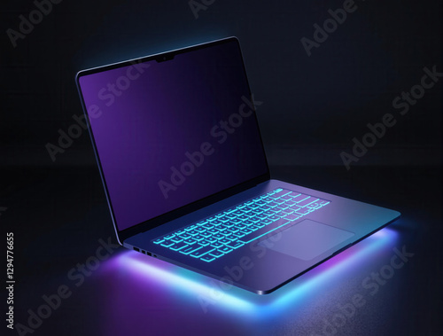 A laptop with a purple screen and a keyboard