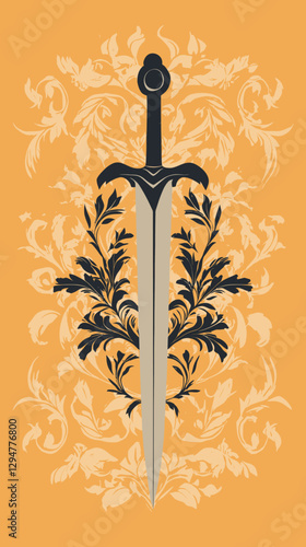 Ornate Floral Sword with Minimalist Vector Art Background