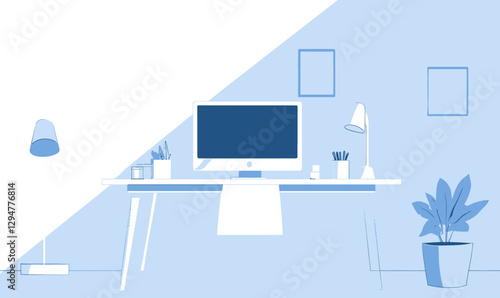 Minimalist Blue Office Desk with Computer Monitor for Modern Workspace Design