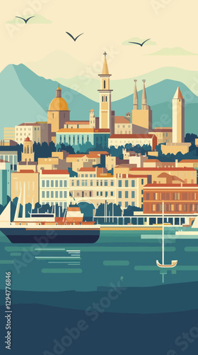 Vintage Marseille Cityscape Poster with Skyline and Port Abstract Illustration