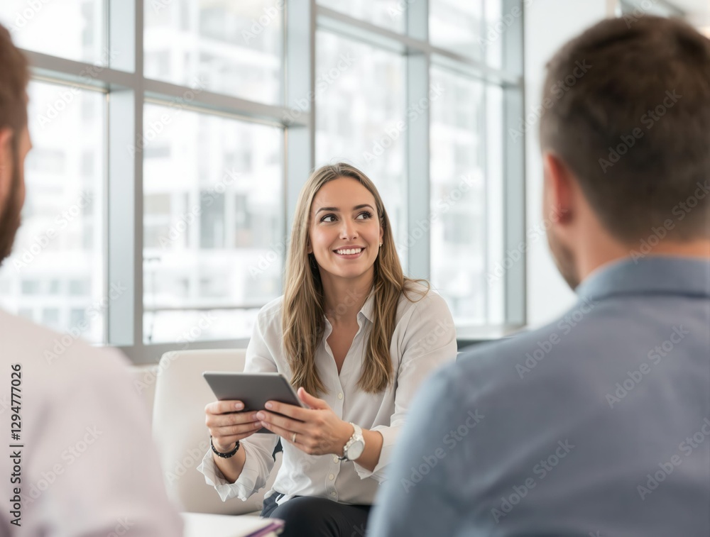 Obraz premium A woman is sitting in front of two men