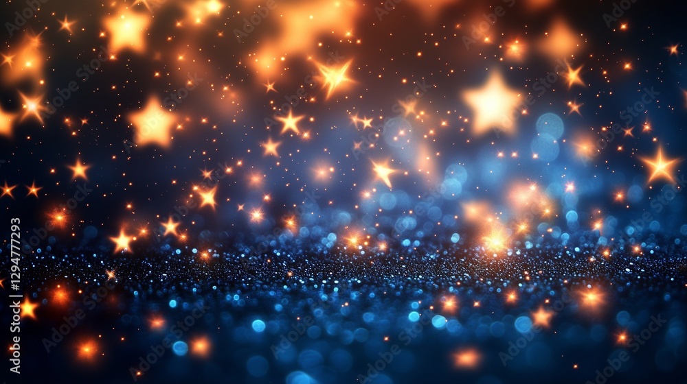 Fototapeta premium Golden stars on a blue background. Beautiful sky with clouds. A night with stars and a blue sky. Yellow stars against a blue lifestyle backdrop.
