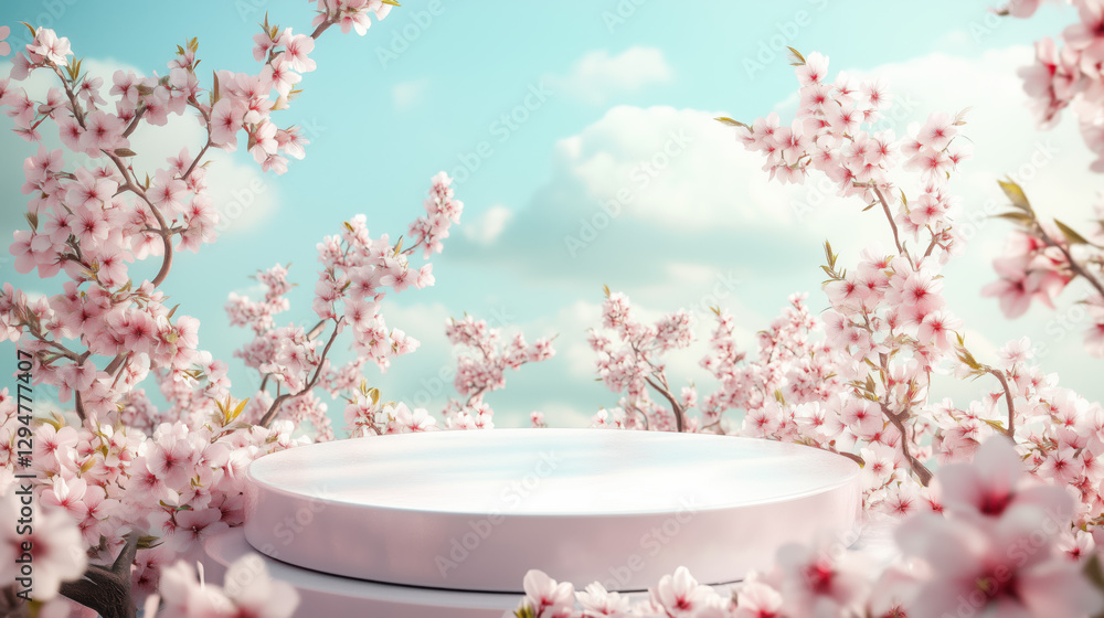 Minimalist Frosted White Podium Surrounded by Soft Pink Cherry Blossoms Against a Pastel Blue Sky – Elegant and Serene Spring-Themed Scene for Beauty Products Minimalist Frosted White Podium Surrounded by Soft Pink Cherry Blossoms Against a Pastel Blue Sky – Elegant and Serene Spring-Themed Scene for Beauty Products