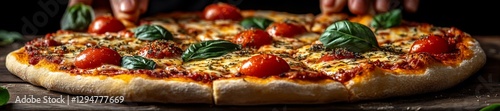 Rustic Pizza Being Served with Fresh Basil and Cherry Tomatoes. Generative AI photo