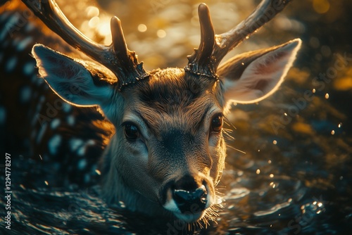 Majestic Deer in Golden Water – Enchanting Wildlife Portrait