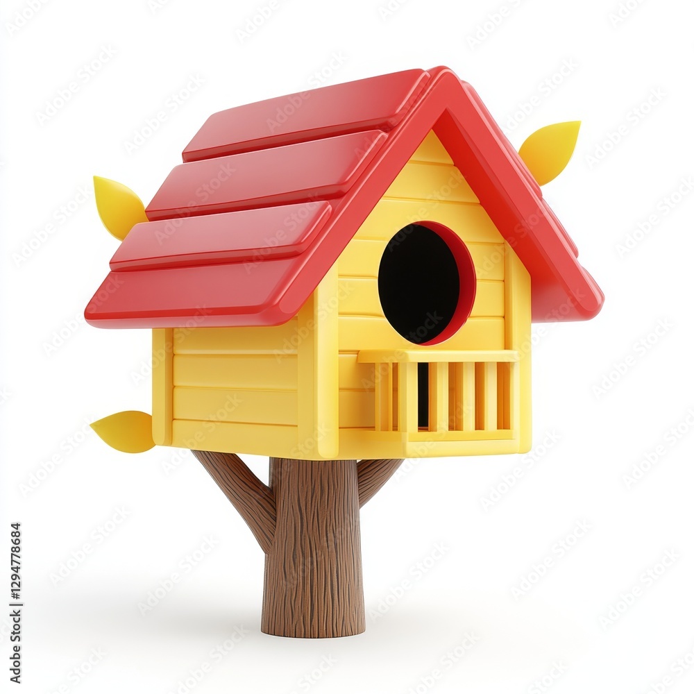 Joyful Spring 3D artwork, showcasing a bright yellow birdhouse with an orange roof and green leaves on a tree branch Joyful Spring 3D artwork, showcasing a bright yellow birdhouse with an orange roof and green leaves on a tree branch