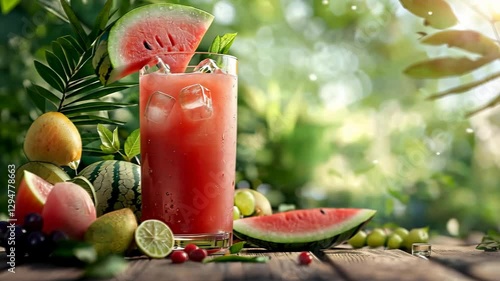 Refreshing Watermelon Drink Surrounded by Lush Greenery and Tropical Fruits in a Bright Setting