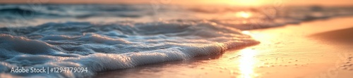 Tranquil Beach Scene with Motion Blur in the Waves at Sunset. Generative AI photo