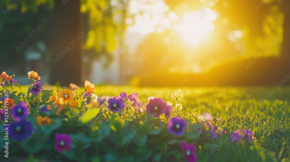 Obraz premium Vibrant flower bed with colorful pansies in sunlit garden setting