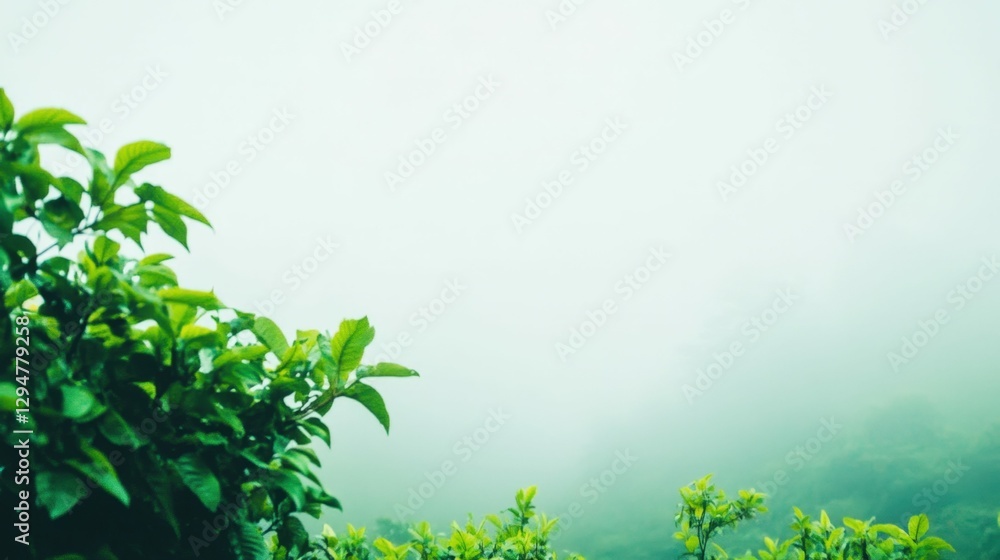 Fototapeta premium Foggy morning on a farm with a windmill barely visible in the distance, surrounded by lush greenery and soft ambient light,