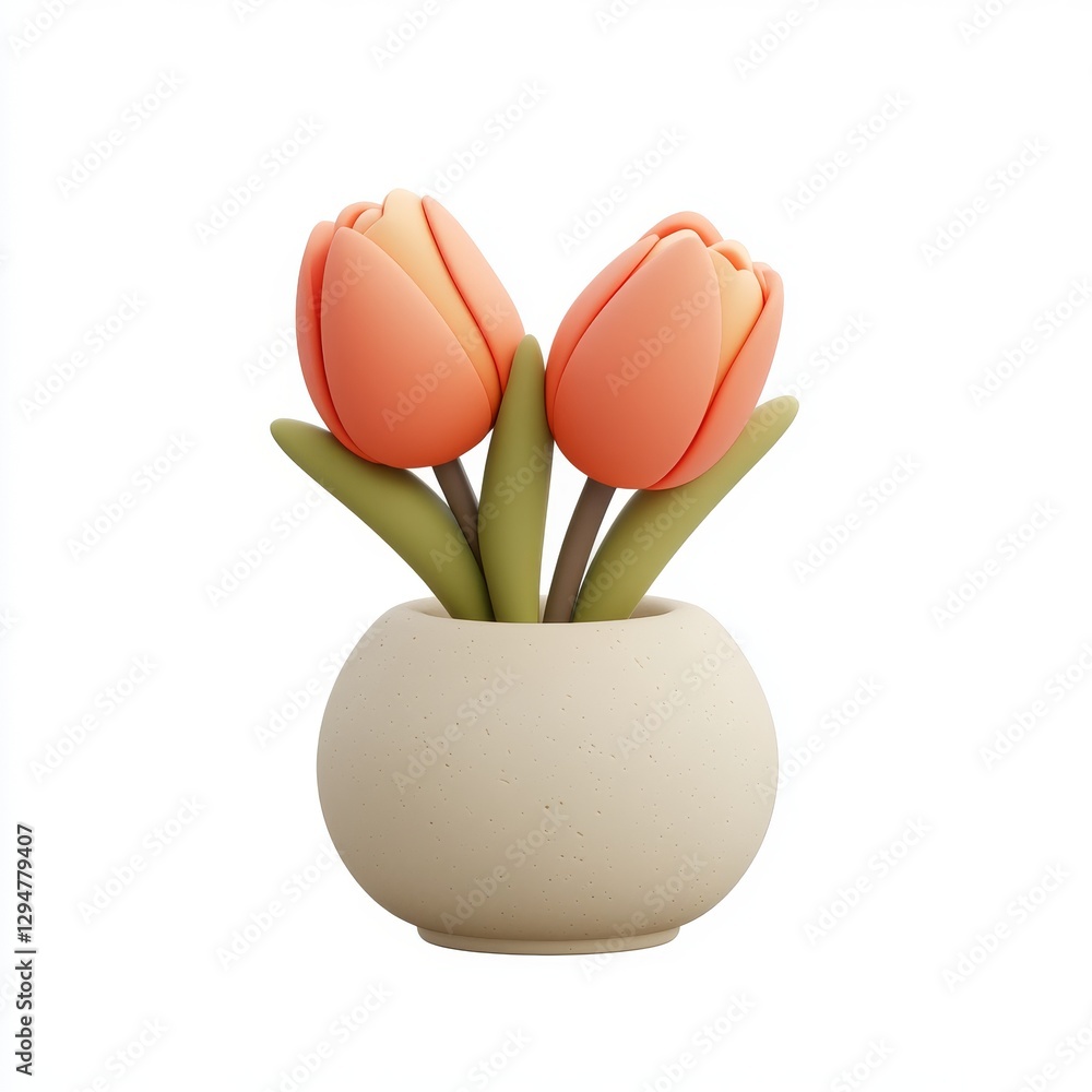 Obraz premium In a joyful 3D illustration for Happy Spring, a pot of bright orange flowers with green leaves forms a cheerful scene