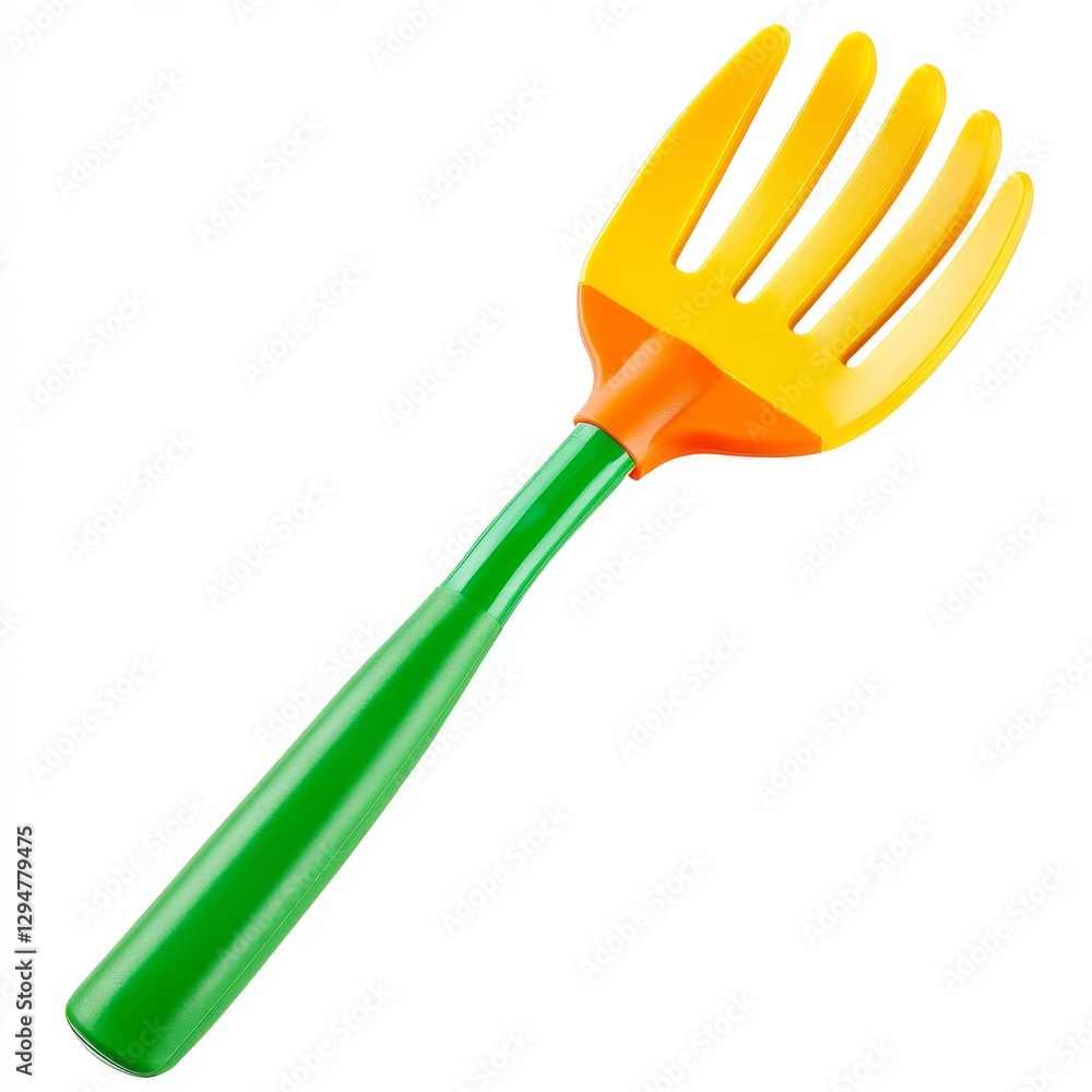 Joyful Spring 3D image, Gardening tool designed for kids with a handle and rake head Joyful Spring 3D image, Gardening tool designed for kids with a handle and rake head
