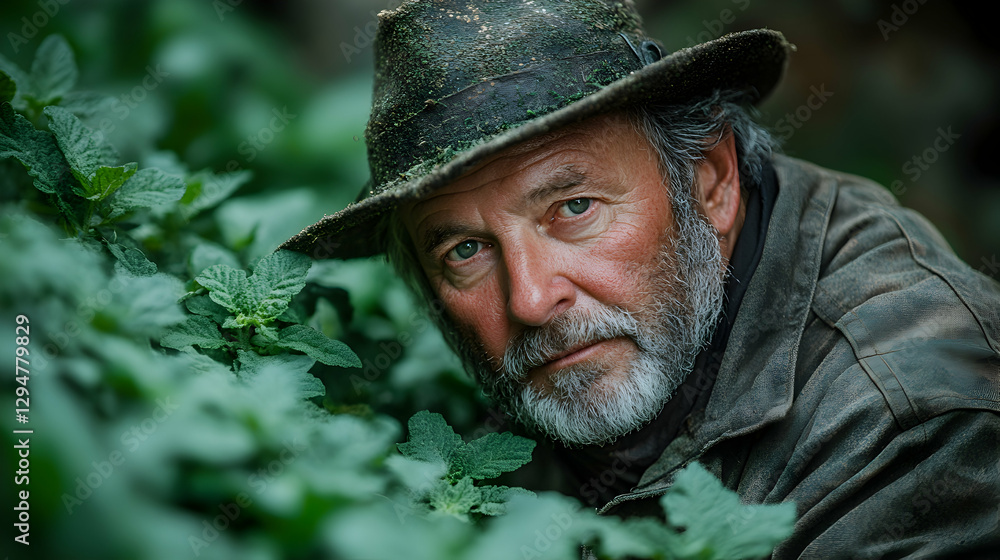 Elderly man in garden, peering through foliage Elderly man in garden, peering through foliage