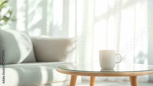 Wallpaper Mural Cup of coffee on a glass table with sunlight streaming in, minimalistic living room decor in the background Torontodigital.ca