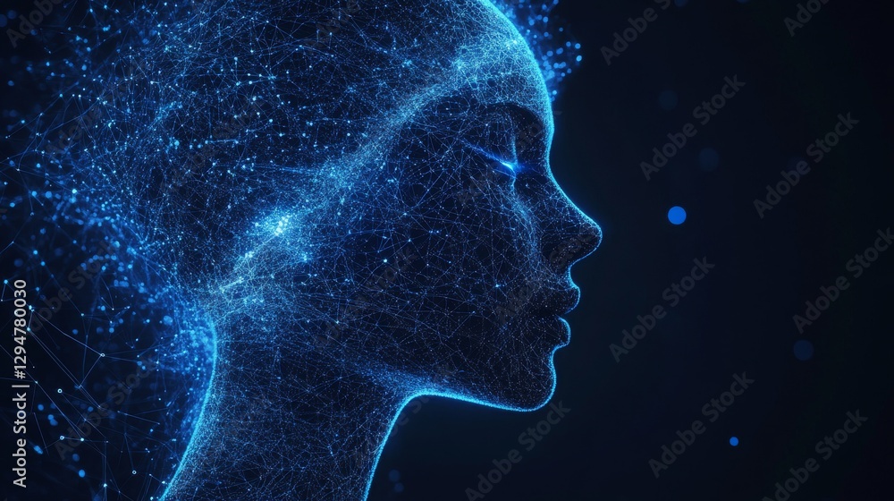 A futuristic AI robot with a circuit board brain, embodying abstract glowing innovation, set against an IT connections science presentation background with an empty space. A futuristic AI robot with a circuit board brain, embodying abstract glowing innovation, set against an IT connections science presentation background with an empty space.
