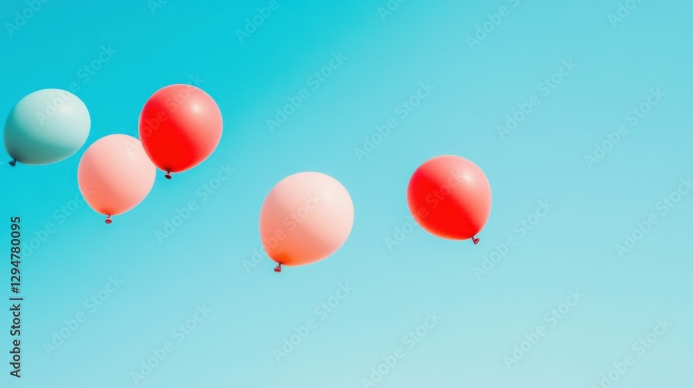 A vibrant display of red and pink balloons floating against a clear blue sky, cheerful and lively, A vibrant display of red and pink balloons floating against a clear blue sky, cheerful and lively,