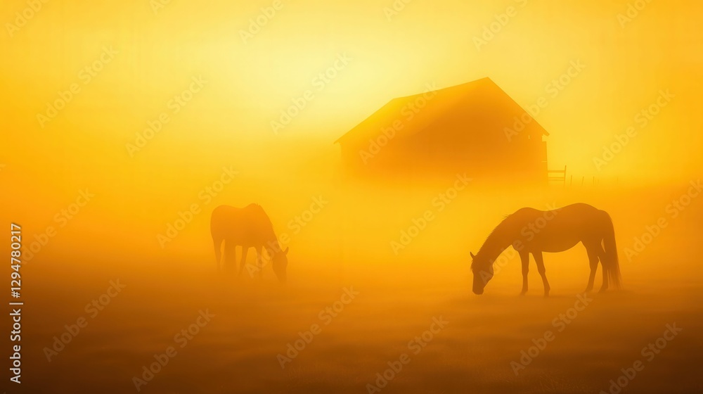 Tranquil morning with horses grazing in a misty countryside field Tranquil morning with horses grazing in a misty countryside field