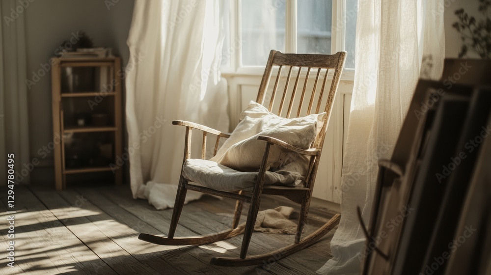 A wooden rocking chair with a white pillow and blanket. A wooden rocking chair with a white pillow and blanket.