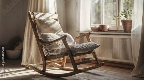 A wooden rocking chair with a gray cushion and white pillow sits in front of a window with a plant on the sill.