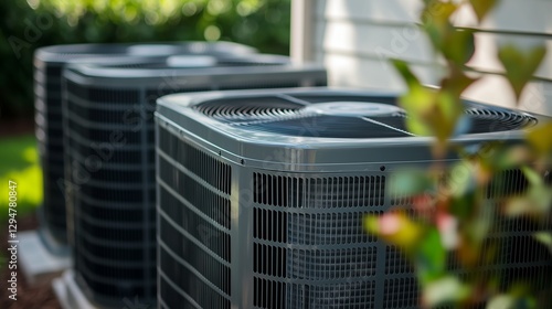 Three air conditioners sitting in front of house. A man is servicing a broken hvac. Filters are a good way to check the efficiency of your system. Three air conditioning lifestyle units positioned in.