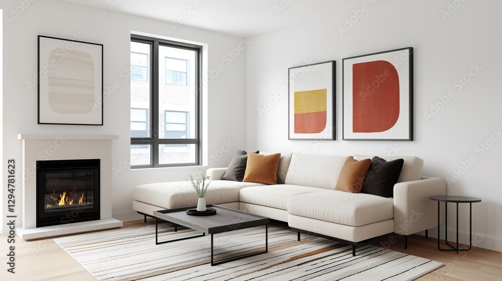 Fototapeta premium Cozy Urban Living Room Design with Modern Fireplace and Art, A cozy room with a fireplace concept.