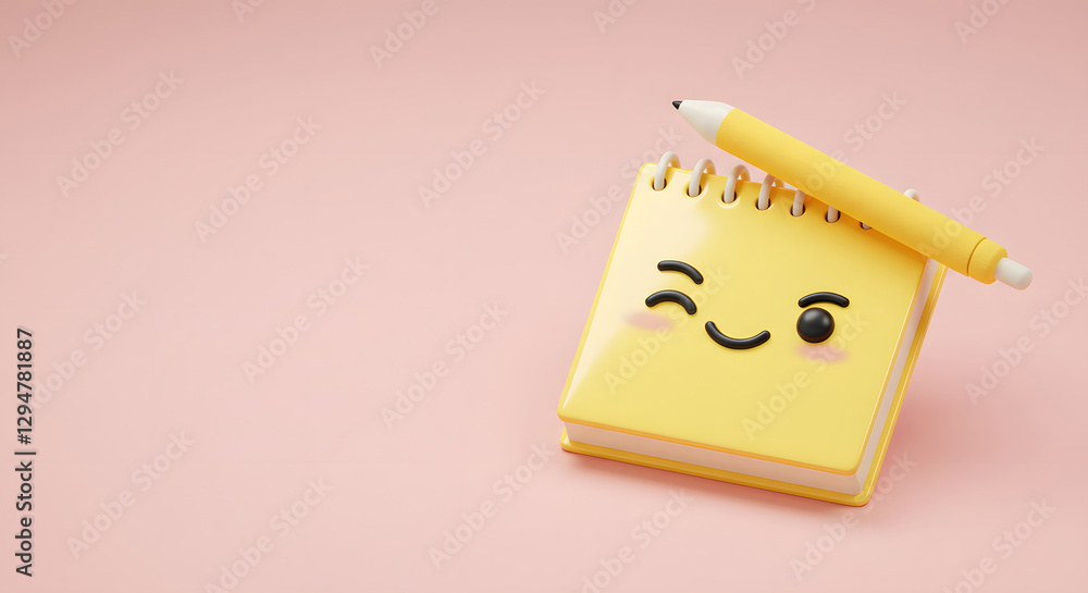 Cute 3D Smiling Notebook with Pen on Pink Background