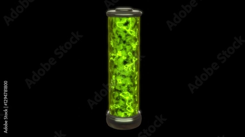Microbial fuel cell. Glass tube with glowing plasma energy. Transparent container with glowing bacteria and microbes in moving liquid.  3d animation rendering.