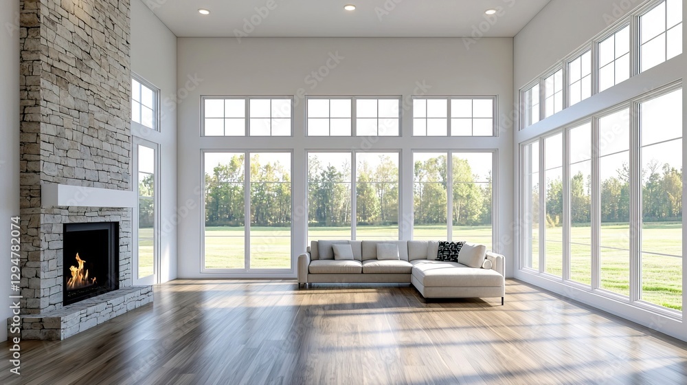 Fototapeta premium Bright Living Room with Stone Fireplace and Large Windows, A cozy room with a fireplace concept.