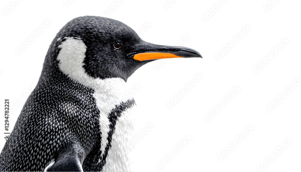 Naklejka premium Realistic Illustration - Penguin Portrait, Black Background, Orange Beak, Detailed Feathers