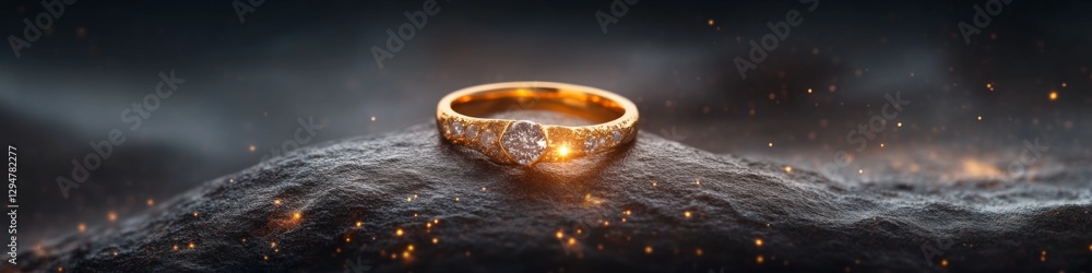 Golden ring with diamonds rests on dark stone. Golden ring with diamonds rests on dark stone.