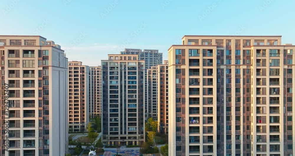 Aerial view of residential apartment buildings against the clear blue sky Aerial view of residential apartment buildings against the clear blue sky
