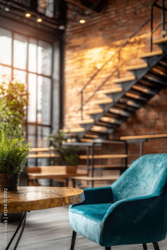 Teal velvet armchair in a modern loft interior. Teal velvet armchair in a modern loft interior.