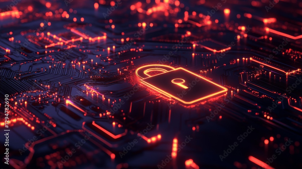 Obraz premium A digital lock symbol representing AI and artificial intelligence, set against a neon red glowing wireframe grid on a circuit board background, symbolizing futuristic technology, security