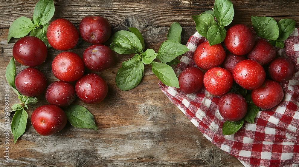 Fresh Plums on Wooden Tablecloth Fresh Plums on Wooden Tablecloth